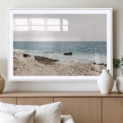 25481980-MGC-FP-36x24_White-Ocean Coastal Wall Art – Rocky Shoreline and Waves Canvas Print, Serene Beach Landscape Decor for Living Room, Bedroom, or Office