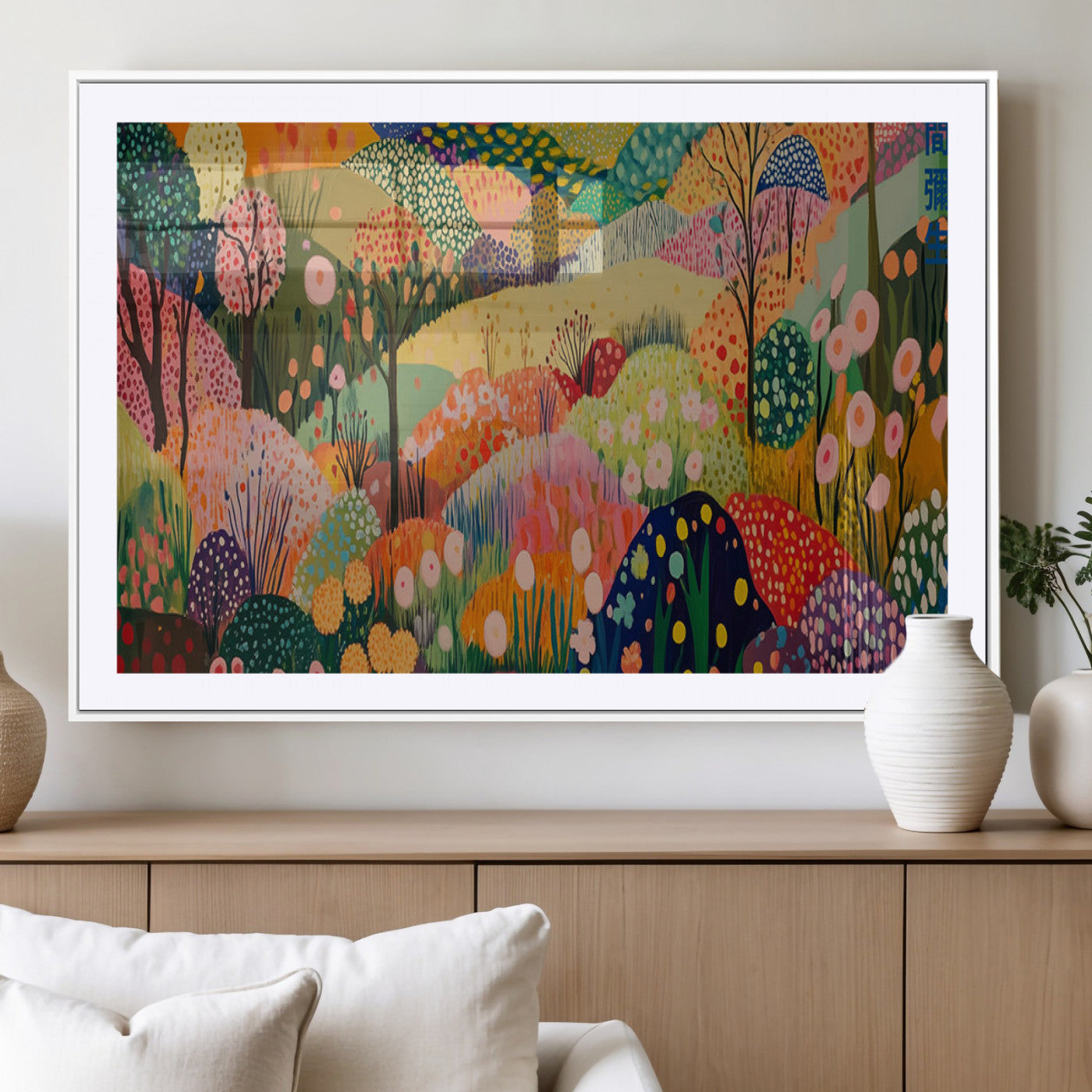79636380-MGV-CV-36X24-Colorful Abstract Landscape Wall Art – Vibrant Hills and Flowers Canvas Print, Modern Whimsical Artwork for Living Room, Bedroom,