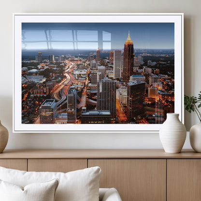 25096967-MGC-FP-36x24_White-Atlanta Skyline Wall Art – Vibrant Cityscape Canvas Print, Modern Night Lights Urban Decor for Office, Living Room, or Apartment