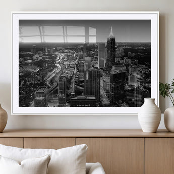 46578567-MGV-CV-36X24-Atlanta Skyline Wall Art – Black and White Cityscape Canvas Print, Modern Urban Night Decor for Office, Living Room, or Apartment
