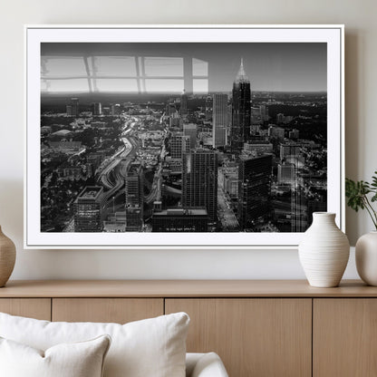 46578567-MGV-CV-36X24-Atlanta Skyline Wall Art – Black and White Cityscape Canvas Print, Modern Urban Night Decor for Office, Living Room, or Apartment