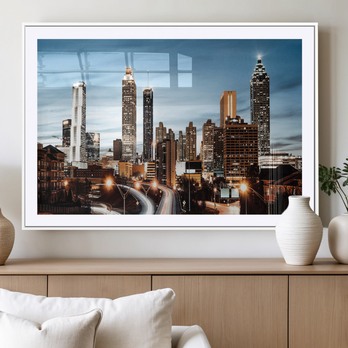 23859158-MGV-CV-36X24-Atlanta Skyline Wall Art – Modern Cityscape Canvas Print with Night Lights and Traffic Trails, Urban Decor for Office, Apartment,