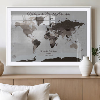 43749658-MGC-FP-36x24_White-Welcome to Great Adventure World Map Wall Art – Charcoal Gray Canvas Print, Rustic Travel Decor for Living Room, Study, Office or
