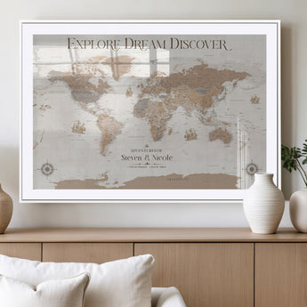 63516865-MGV-CV-36X24-Explore Dream Discover World Map Wall Art – Inspirational Travel Adventure Canvas Print, Neutral Parchment Style Explorer Decor