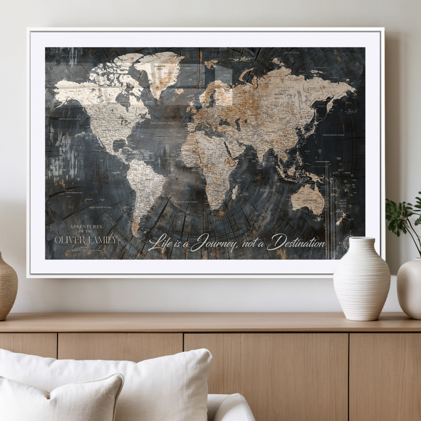 37848568-MGV-CV-36X24-Life is a Journey Not a Destination World Map Rustic Wood Texture Vintage Beige Navy Adventure Wall Art Canvas Print for Home