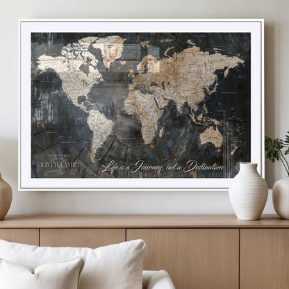 37848568-MGV-CV-36X24-Life is a Journey Not a Destination World Map Rustic Wood Texture Vintage Beige Navy Adventure Wall Art Canvas Print for Home