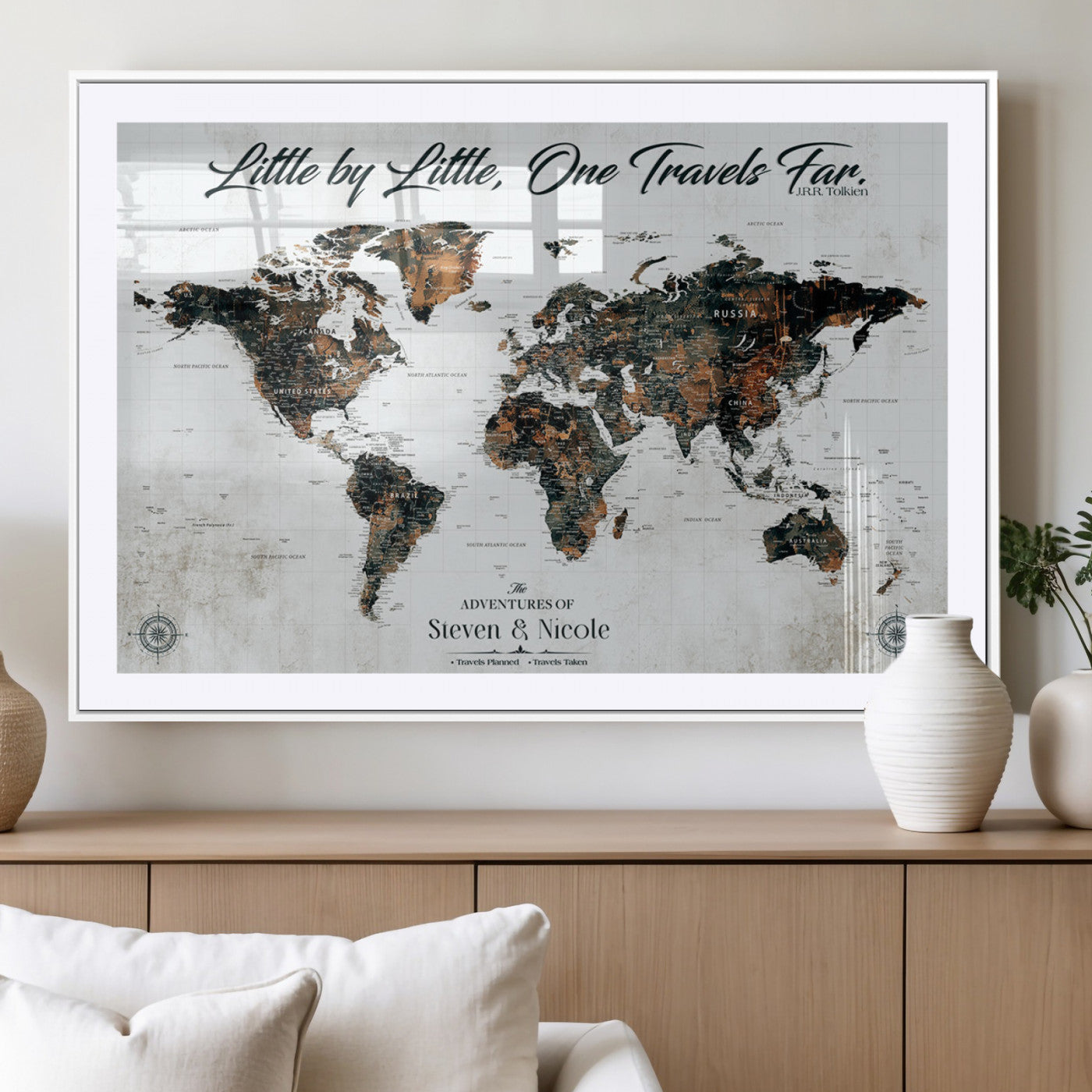 88337180-MGC-FP-36x24_White-Little by Little One Travels Far Tolkien Quote World Map Rustic Black Brown Adventure Wall Art Canvas Print for Home Office Living