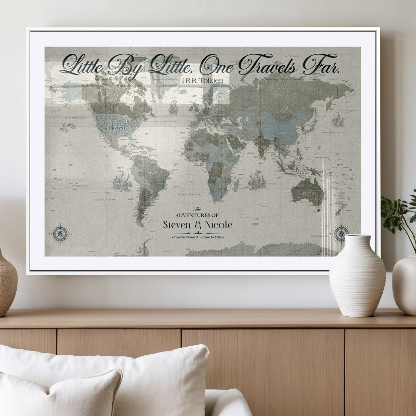 10693204-MGV-CV-36X24-Little By Little One Travels Far Tolkien Quote Blue Green World Map Adventure Wall Art Canvas Print Rustic Wanderlust Travel Decor