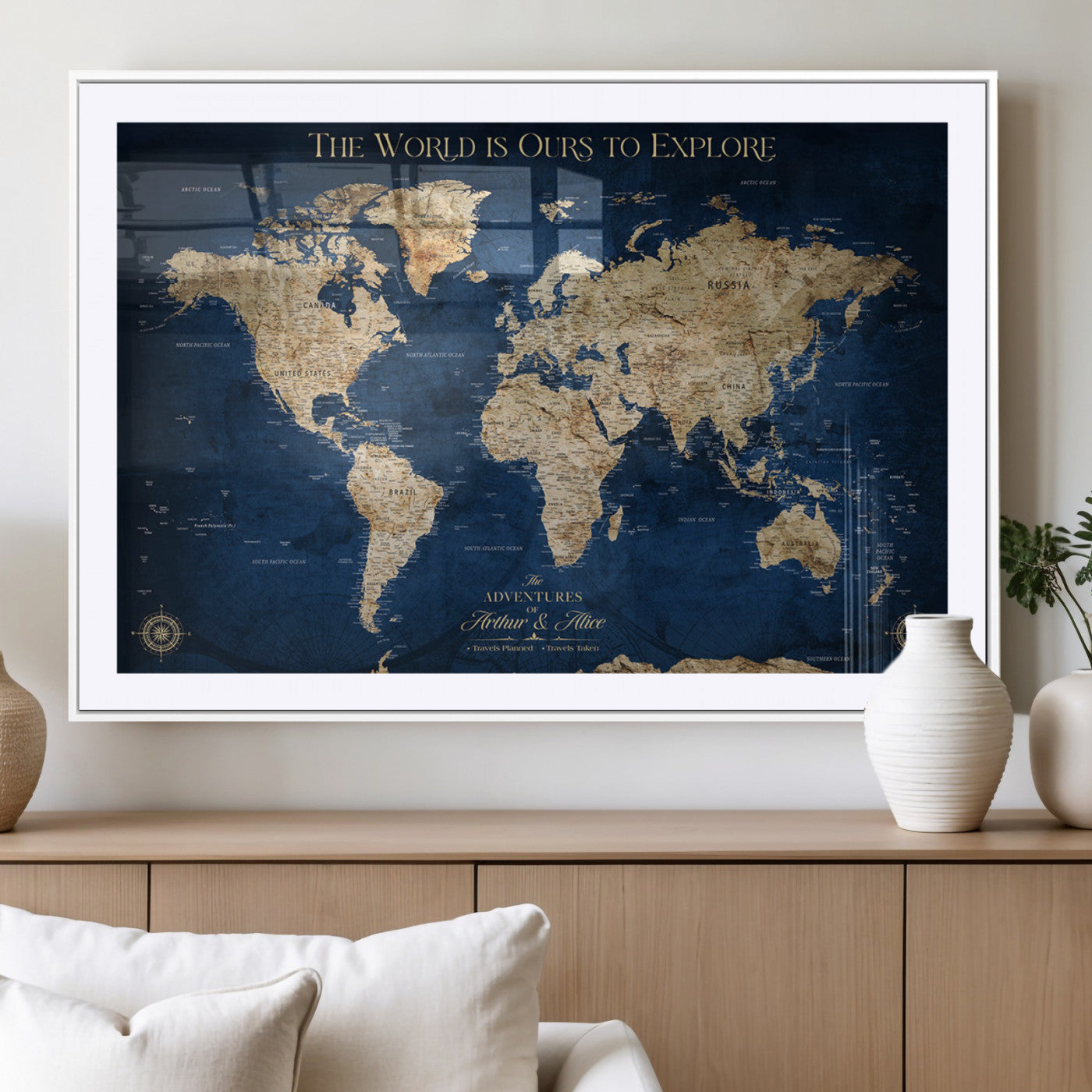 54782997-MGV-CV-36X24-The World is Ours to Explore Wall Art – Blue World Map Canvas Print, Adventure Travel Decor for Home, Office or Living Room,
