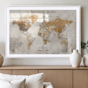 99422096-MGV-CV-36X24-Adventure Awaits World Map Wall Art – Neutral Beige Canvas Print, Modern Travel Inspired Wall Decor for Living Room, Bedroom or