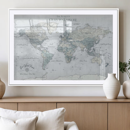 94249974-MGV-CV-36X24-Ours Explore World Map Wall Art – Modern Travel Canvas Print, Neutral Adventure Decor for Living Room, Office, Study, Bedroom,