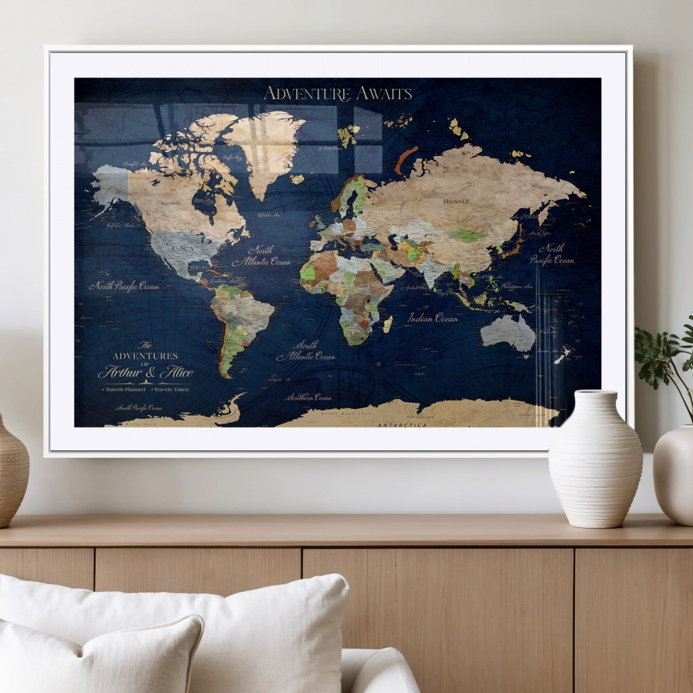 43160428-MGV-CV-36X24-Adventure Awaits Navy Blue World Map – Vibrant Travel Canvas Wall Art, Antique Atlas Print, Wanderlust Decor for Home Office