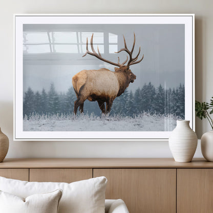 85177251-MGV-CV-36X24-Elk Wall Art – Majestic Wildlife Canvas Print of Bull Elk Snowy Forest, Rustic Nature Decor for Living Room, Cabin, or Office