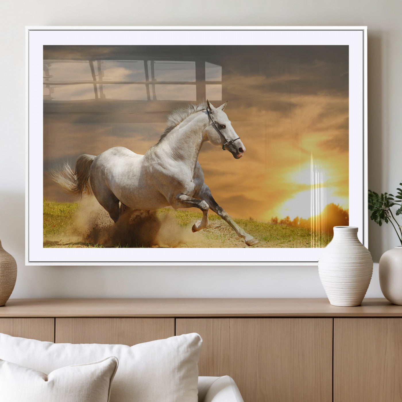 44295212-MGV-CV-36X24-Horse Wall Art – Running White Stallion Canvas Print with Sunset Background, Western Wildlife Decor for Living Room, Office, or