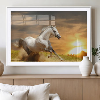 44295212-MGV-CV-36X24-Horse Wall Art – Running White Stallion Canvas Print with Sunset Background, Western Wildlife Decor for Living Room, Office, or