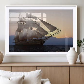 31270610-MGV-CV-36X24-Sailing Ship Wall Art – Sunset Seascape Canvas Print with Tall Ship at Sea, Nautical Ocean Decor for Living Room, Office, or