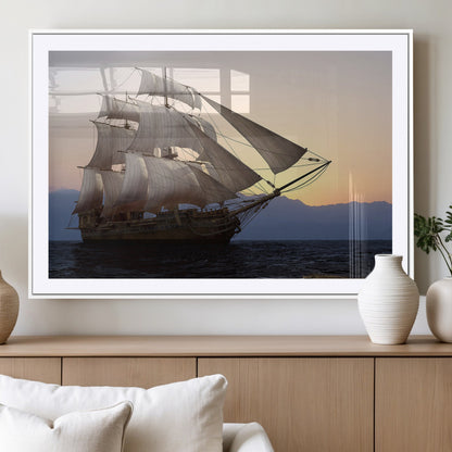 31270610-MGV-CV-36X24-Sailing Ship Wall Art – Sunset Seascape Canvas Print with Tall Ship at Sea, Nautical Ocean Decor for Living Room, Office, or