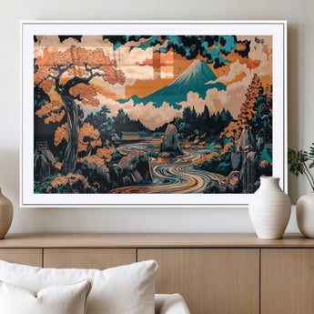 21638941-MGV-CV-36X24-Japanese Landscape Wall Art – Mount Fuji and Flowing River Ukiyo-e Style Canvas Print, Traditional Japan Inspired Artwork for