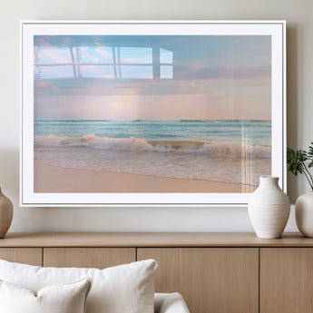 88024944-MGC-FP-36x24_White-Beach Landscape Wall Art – Coastal Ocean Canvas Print with Gentle Waves and Pastel Sky, Serene Seascape Photography for Living