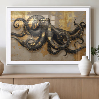 57944271-MGC-FP-36x24_White-Octopus Wall Art – Black and Gold Nautical Canvas Print, Modern Ocean Inspired Artwork with Elegant Detailing, Coastal Marine