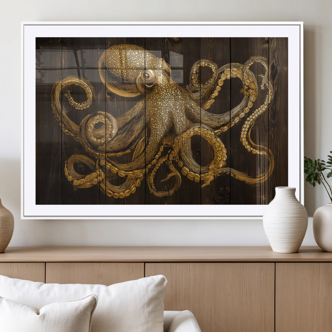 56769669-MGC-FP-36x24_White-Octopus Wall Art – Gold Nautical Canvas Print with Rustic Wood Panel Design, Detailed Marine Artwork for Coastal Ocean Decoration