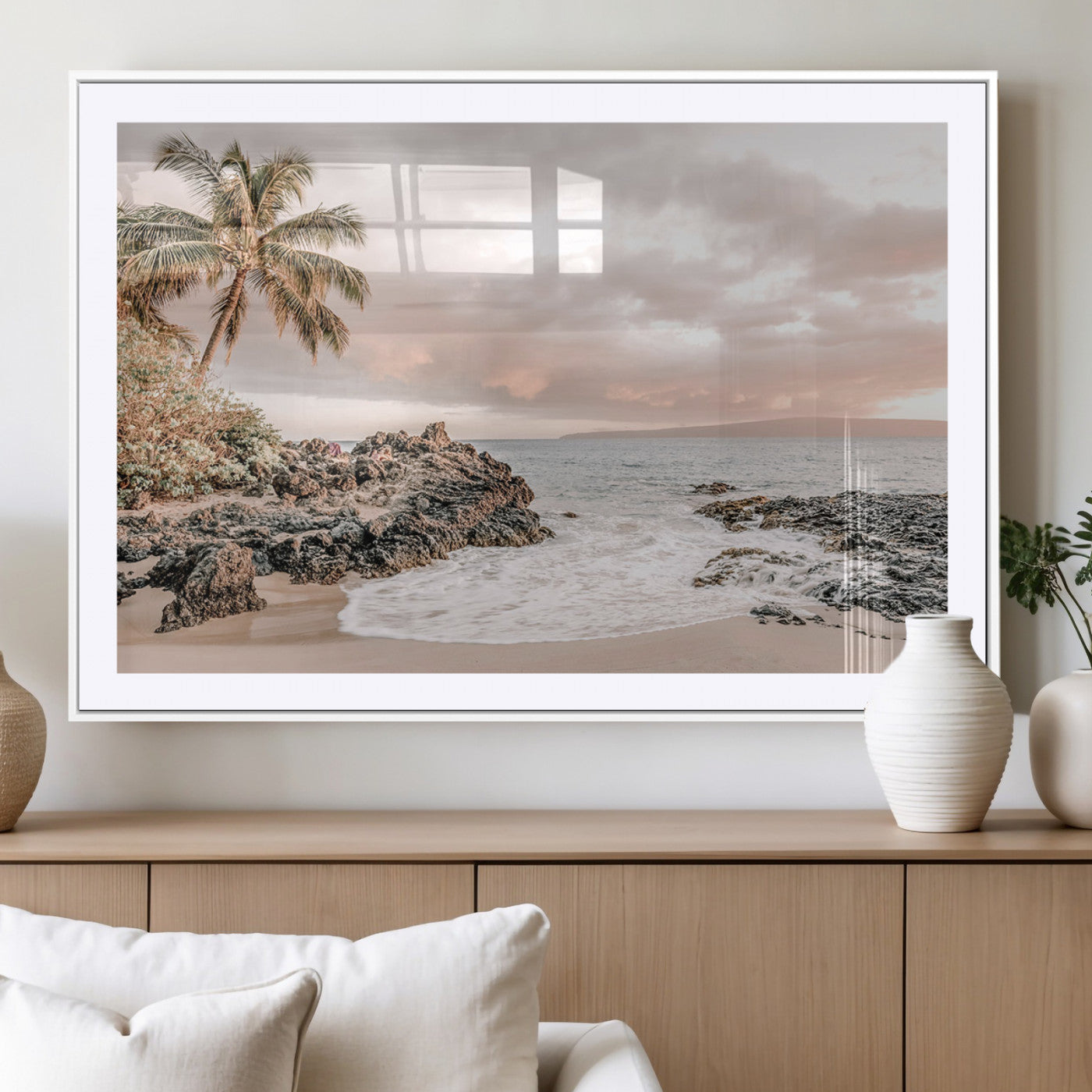 18005328-MGV-CV-36X24-Tropical Beach Wall Art – Coastal Ocean Canvas Print with Palm Tree, Sunset Sky and Rocky Shore, Serene Seascape Photography for