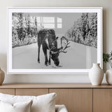 38956835-MGV-CV-36X24-Moose Wall Art – Black and White Wildlife Canvas Print with Snowy Forest Road, Rustic Nature Photography for Cabin, Lodge, Living