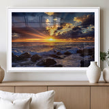 35900590-MGC-FP-36x24_White-Ocean Sunset Wall Art – Vivid Seascape Canvas Print with Sunburst Sky, Crashing Waves and Rocky Shore, Dramatic Coastal