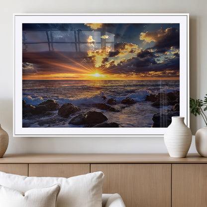35900590-MGC-FP-36x24_White-Ocean Sunset Wall Art – Vivid Seascape Canvas Print with Sunburst Sky, Crashing Waves and Rocky Shore, Dramatic Coastal