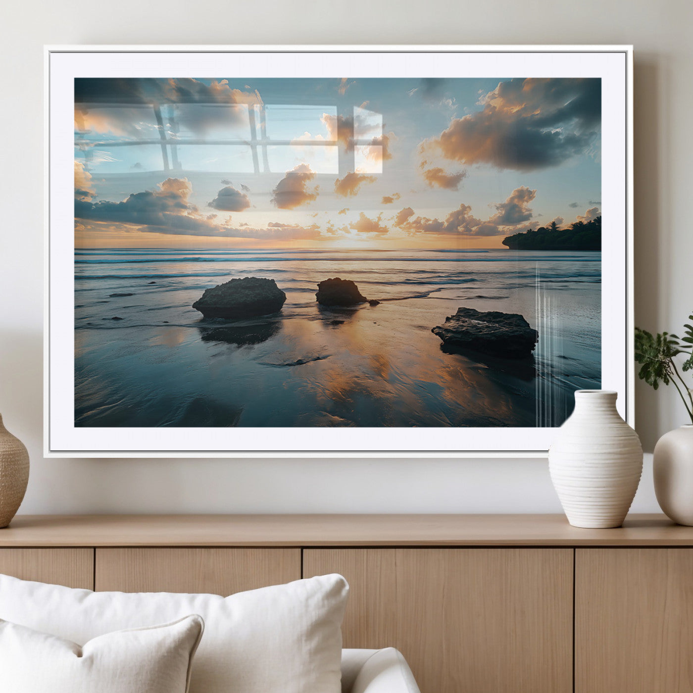 23879436-MGV-CV-36X24-Ocean Sunset Wall Art – Serene Seascape Canvas Print with Golden Sky, Reflections on Sand and Calm Waves, Peaceful Coastal