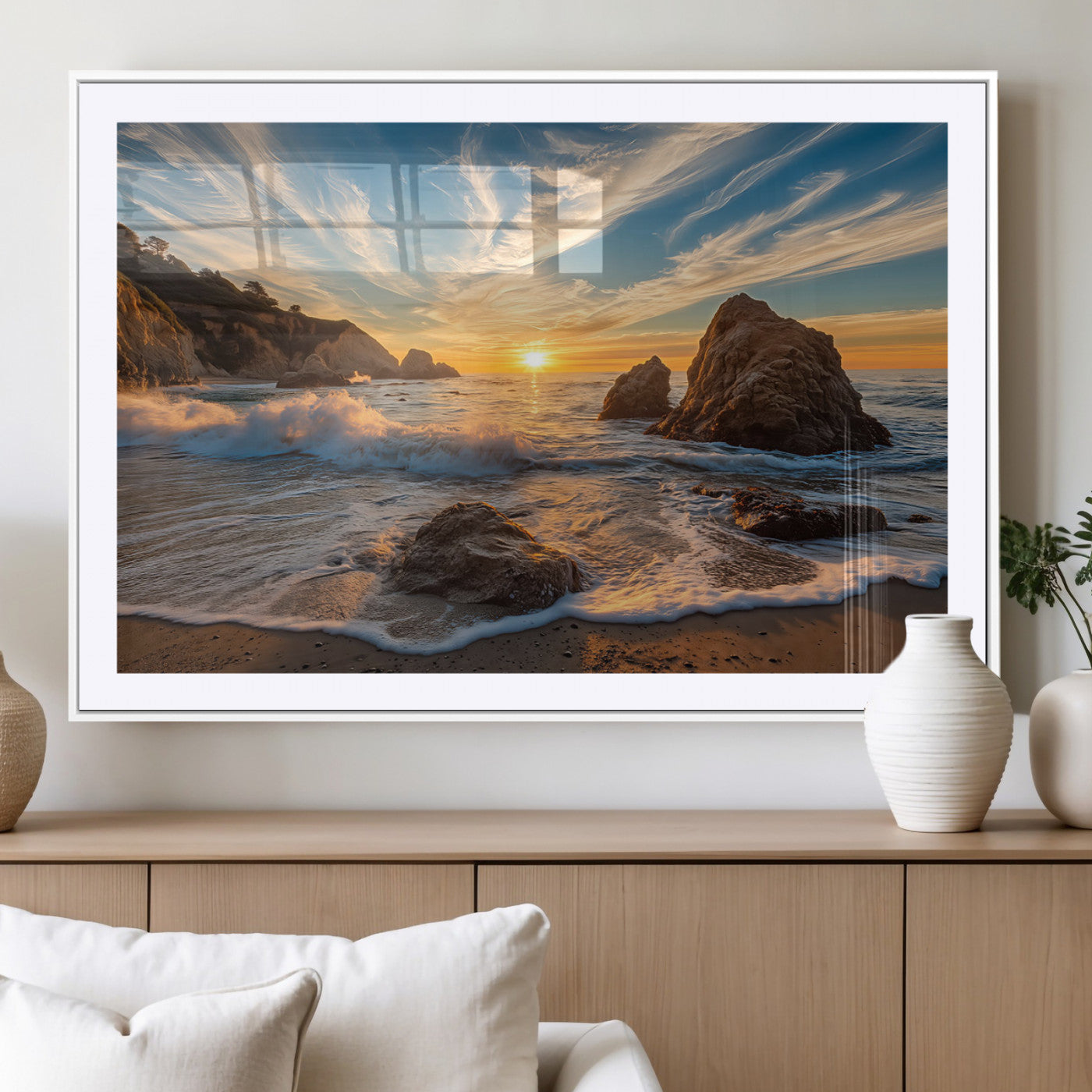 85659923-MGV-CV-36X24-Ocean Sunset Wall Art – Dramatic Seascape Canvas Print with Cliffs, Crashing Waves and Golden Sky, Bold Coastal Photography for