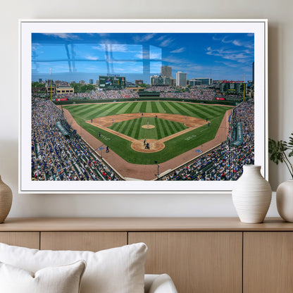 56213978-MGV-CV-36X24-Baseball Stadium Wall Art – Panoramic Ballpark Canvas Print with Fans, Green Field and City Skyline, Classic Sports Photography