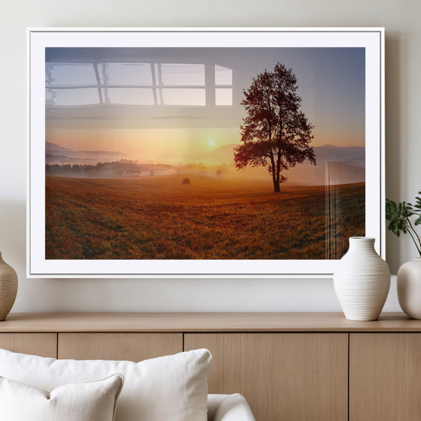 57919623-MGV-CV-36X24-Sunrise Landscape Wall Art – Golden Morning Canvas Print with Tree, Misty Hills and Open Field, Peaceful Nature Photography for
