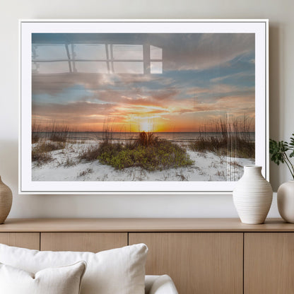 58266230-MGC-FP-36x24_White-Beach Sunset Wall Art – Coastal Canvas Print with Sandy Dunes, Sea Grass and Golden Sky, Serene Ocean Landscape Photography for