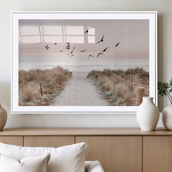 34632598-MGC-FP-36x24_White-Beach Pathway Wall Art – Coastal Canvas Print with Sandy Trail, Flying Birds and Pastel Sky, Serene Ocean Landscape Photography