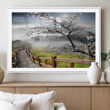 34632598CRY-MGC-FP-36x24_White-Cherry Blossom Wall Art – Scenic Asian Landscape Canvas Print with Wooden Walkway, Misty Mountains and Sunrise, Serene Nature