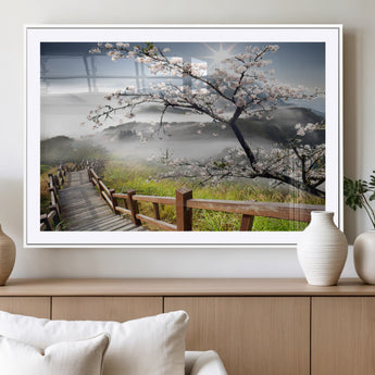 34632598CRY-MGC-FP-36x24_White-Cherry Blossom Wall Art – Scenic Asian Landscape Canvas Print with Wooden Walkway, Misty Mountains and Sunrise, Serene Nature