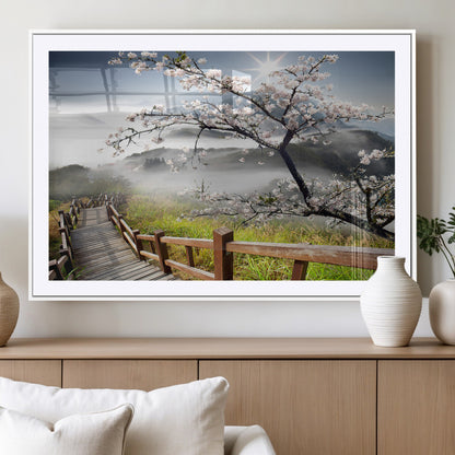 34632598CRY-MGC-FP-36x24_White-Cherry Blossom Wall Art – Scenic Asian Landscape Canvas Print with Wooden Walkway, Misty Mountains and Sunrise, Serene Nature