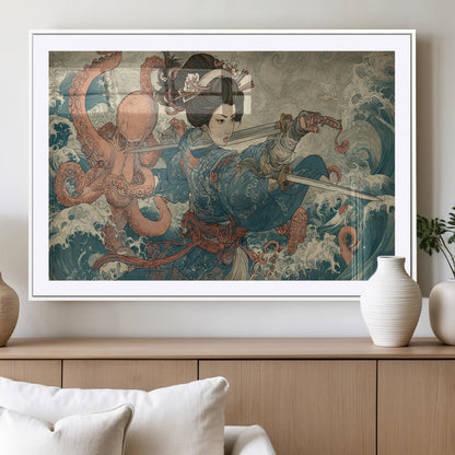 52037775-MGV-CV-36X24-Samurai Woman Wall Art – Japanese Ukiyo e Style Canvas Print with Katana, Ocean Waves and Octopus, Traditional Asian Inspired