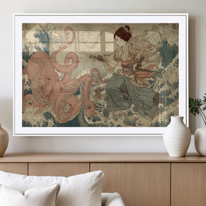 54879547-MGC-FP-36x24_White-Tsukioka Yoshitoshi Samurai Wall Art Print, Japanese Katana Warrior Canvas Wall Art, Octopus Sea Monster Canvas Print,