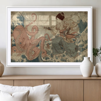 54879547-MGC-FP-36x24_White-Tsukioka Yoshitoshi Samurai Wall Art Print, Japanese Katana Warrior Canvas Wall Art, Octopus Sea Monster Canvas Print,