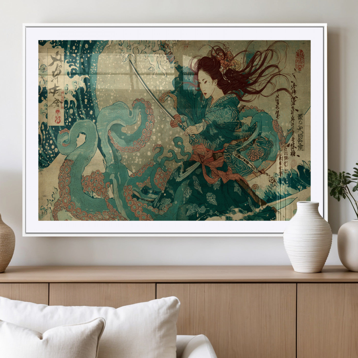 86918027-MGC-FP-36x24_White-Tsukioka Yoshitoshi Samurai Wall Art Print, Japanese Katana Warrior Canvas Wall Art, Octopus Sea Monster Canvas Print,