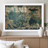 60346622-MGV-CV-36X24-Samurai Warrior vs Octopus Wall Art – Japanese Ukiyo-e Style Ocean Battle Canvas Print, Traditional Samurai Artwork for Living