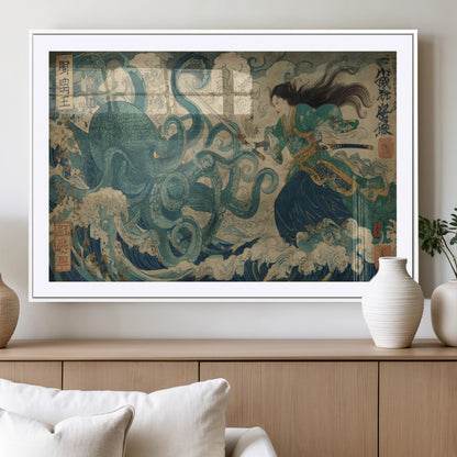 60346622-MGV-CV-36X24-Samurai Warrior vs Octopus Wall Art – Japanese Ukiyo-e Style Ocean Battle Canvas Print, Traditional Samurai Artwork for Living