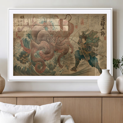 63782167-MGC-FP-36x24_White-Tsukioka Yoshitoshi Samurai Wall Art Print, Japanese Katana Warrior Canvas Wall Art, Octopus Sea Monster Canvas Print,