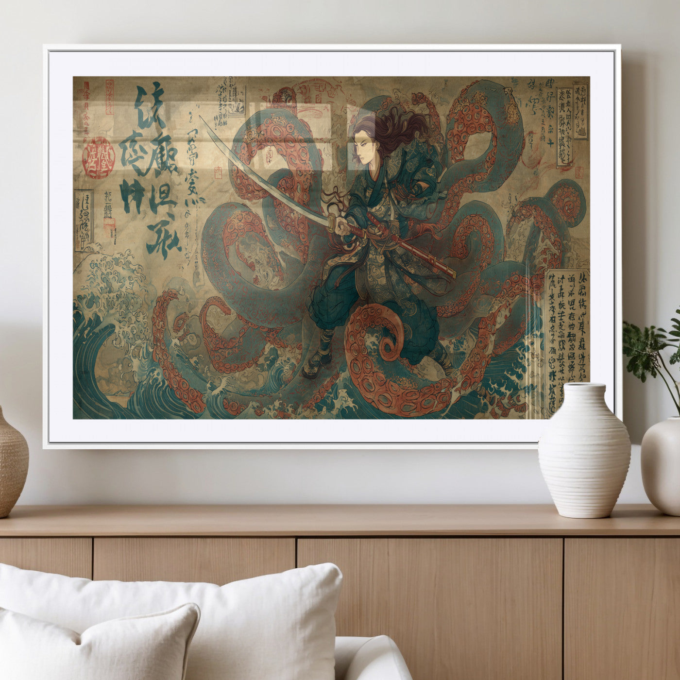 98593115-MGC-FP-36x24_White-Tsukioka Yoshitoshi Samurai Wall Art Print, Japanese Katana Warrior Canvas Wall Art, Octopus Sea Monster Canvas Print,