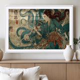 18575670-MGV-CV-36X24-Samurai Woman vs Octopus Wall Art – Japanese Ukiyo-e Ocean Battle Canvas Print, Traditional Warrior Artwork for Living Room,