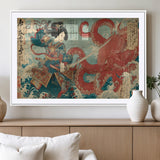 68844327-MGC-FP-36x24_White-Tsukioka Yoshitoshi Samurai Wall Art Print, Japanese Katana Warrior Canvas Wall Art, Octopus Sea Monster Canvas Print,