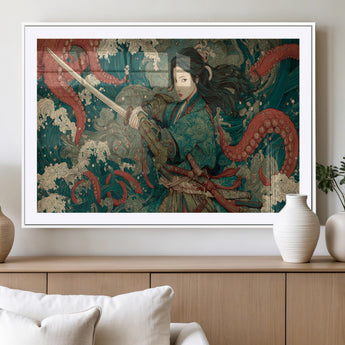 35461724-MGV-CV-36X24-Samurai Woman vs Octopus Wall Art – Japanese Ukiyo-e Ocean Waves Canvas Print, Red Tentacle Battle Artwork for Living Room,
