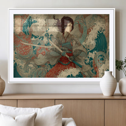 63377977-MGC-FP-36x24_White-Tsukioka Yoshitoshi Samurai Wall Art Print, Japanese Katana Warrior Canvas Wall Art, Octopus Sea Monster Canvas Print,